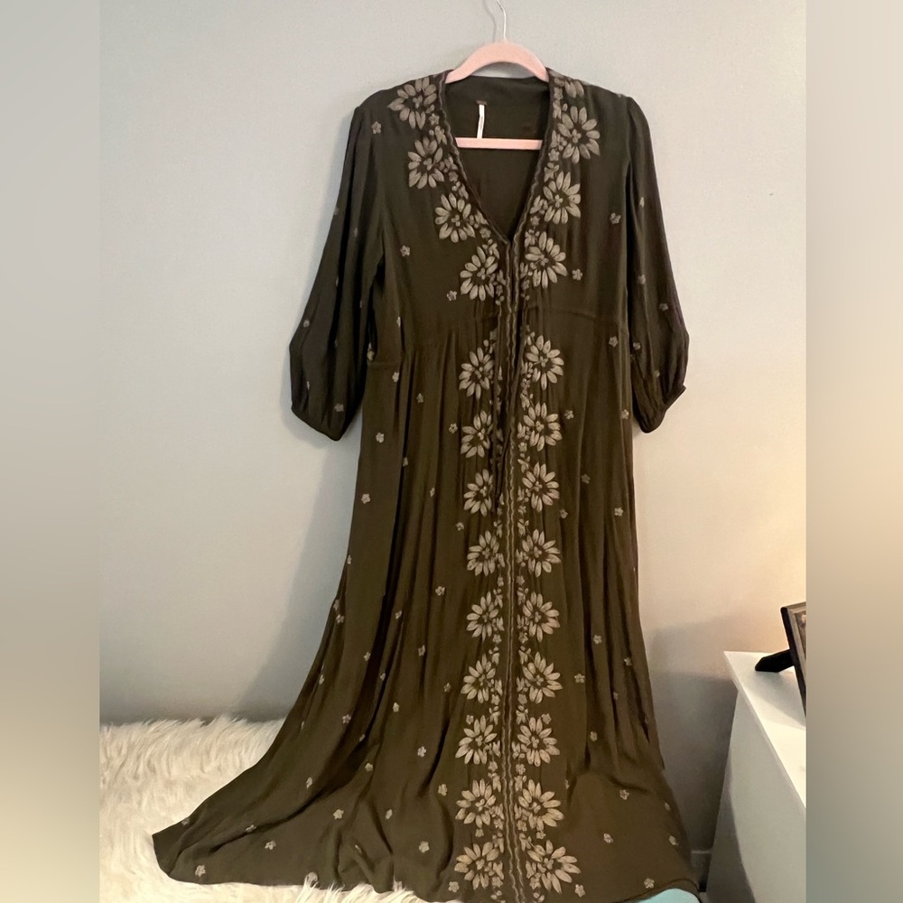 Free People Maxi Floral Dress in Olive Green Size Small